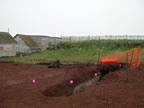 Thumbnail photo of final area of excavation at the Old Carpenter Shop, a long trench marked by pink flags.